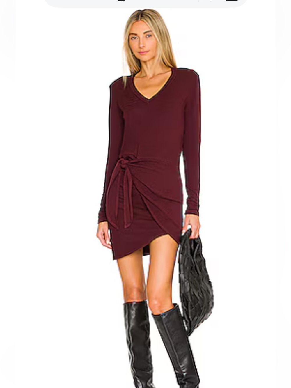 Monrow V-Neck Long Sleeve Tie-Waist Dress in Plum